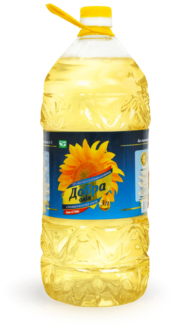 BOTTLE 3 L BOTTLE 3 liter Sunflower refined oil Volume: 3 L Net weight: 2760 g Shelf life: 24 month (8°С - 20°С) Refined deodorized frosted sunflower oil is