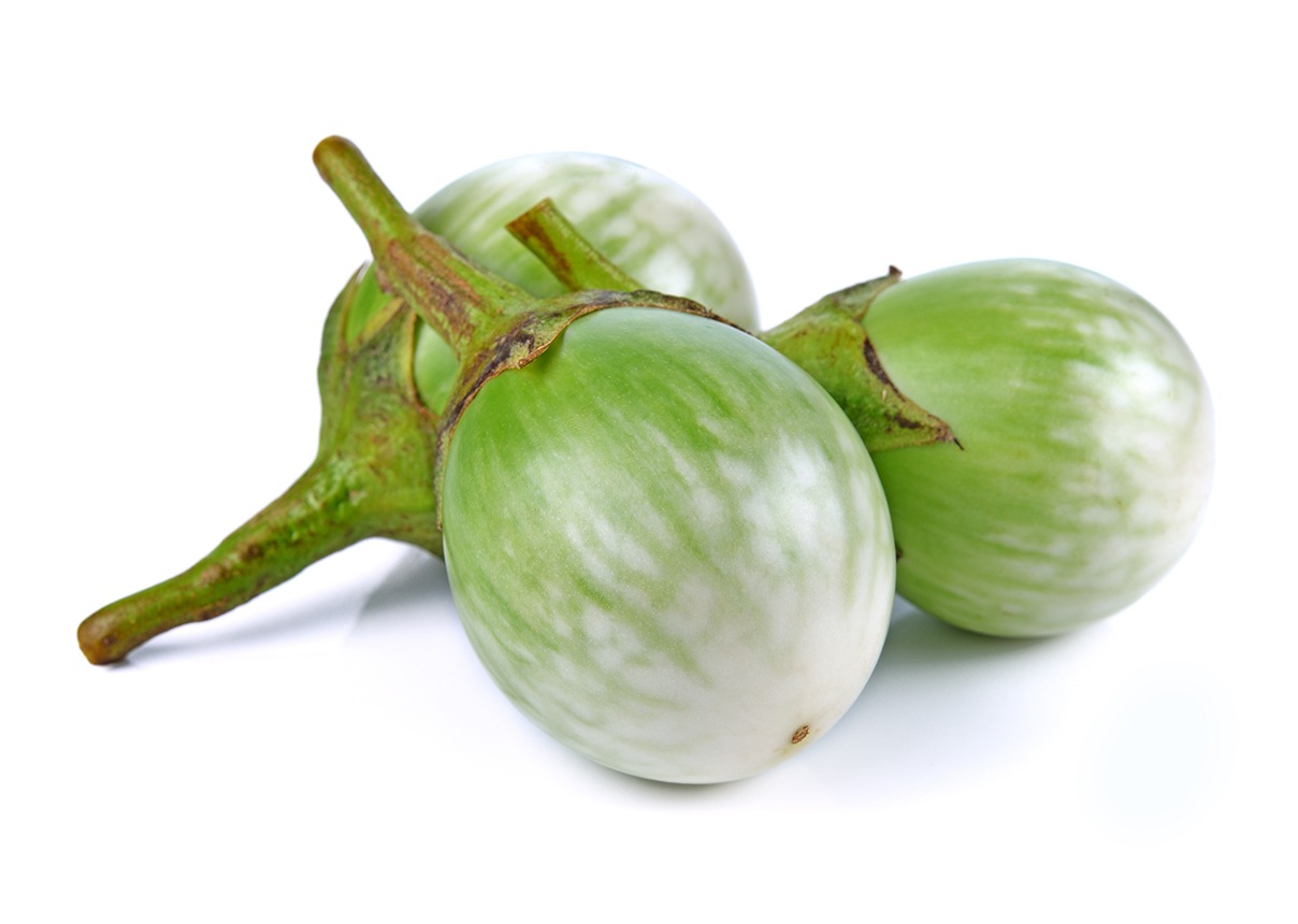 Thai eggplants are little green orbs, about the size of a golf ball and are either green or yellow depending on their ripeness