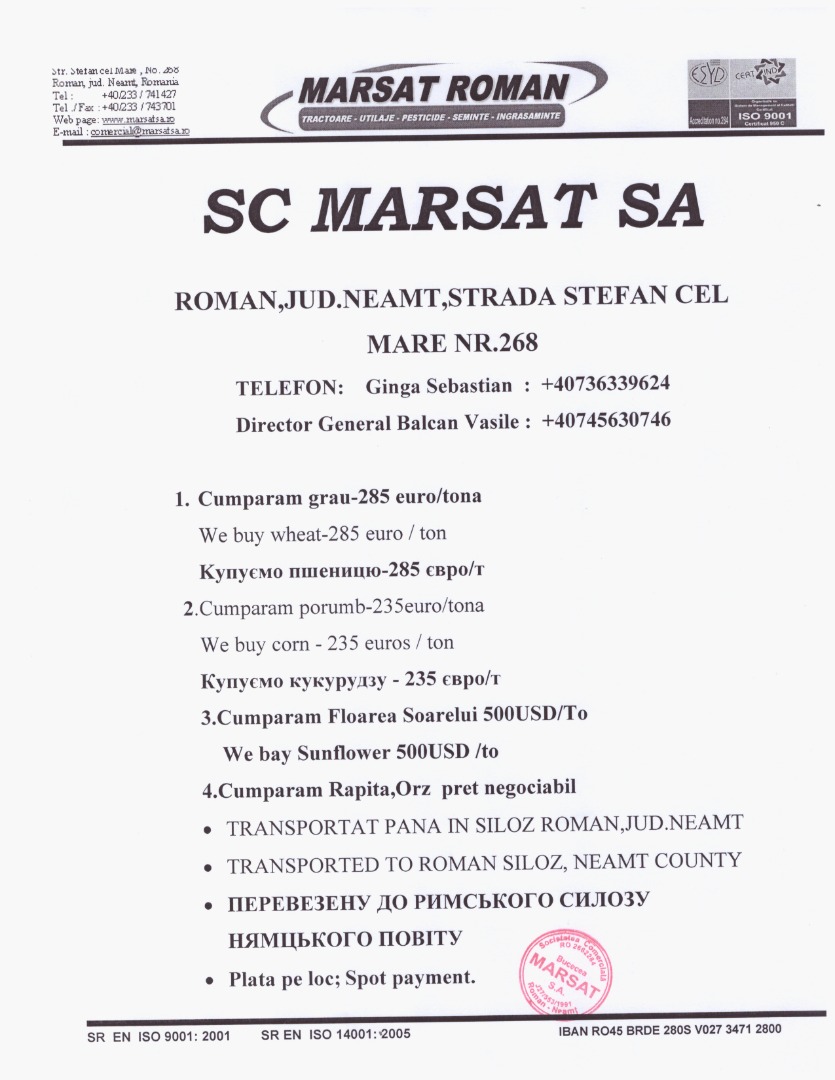 SC MARSAT SA skupuje zboża rzepakowe (pszenica, jęczmień, kukurydza), słonecznik