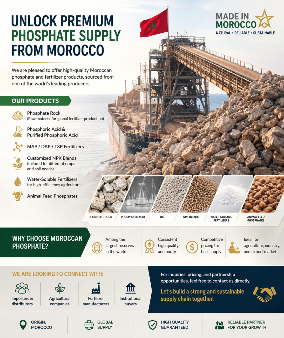 Unlock Premium Phosphate Supply from Morocco We are pleased to offer high-quality Moroccan phosphate and fertilizer products, sourced from[phone number] of the